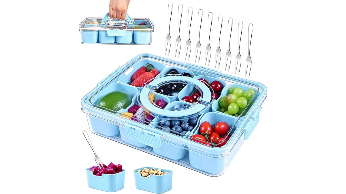 Esta caja para guardar alimentos tiene ocho compartimentos.