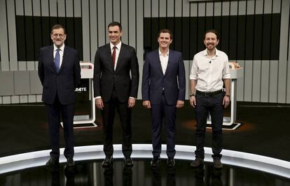 Mariano Rajoy, Pedro Sánchez, Albert Rivera y Pablo Iglesias, antes del debate electoral de junio de 2016.