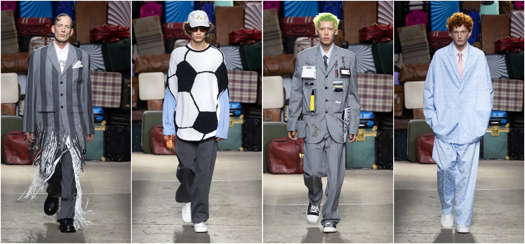 Cuatro de las propuestas de Moschino presentadas en su desfile en la semana de la moda masculina de Milán, el 14 de junio de 2024.