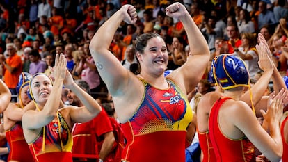 Paula Leiton Arrones of Spain celebrates the victory with the team of Spain during the Women's Water polo Semi-Final match between Netherlands and Spain on Day 13 of the Olympic Games Paris 2024 at Paris La Defense Arena on August 8, 2024 in Nanterre, France. (Photo by Marcel ter Bals/DeFodi Images/DeFodi via Getty Images)