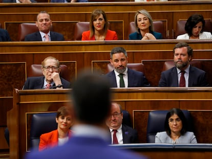 Pedro Sánchez se dirigía el martes a Ramón Tamames durante la primera jornada de la moción.