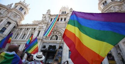 Gay rights supporters celebrate as an LGTB banner is hung from Madrid City Hall.