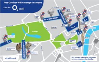 Mapa de conexión a Internet gratis en el centro de Londres.