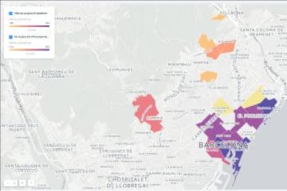 Interactúa con el mapa de Barcelona, pasa el puntero por cada barrio y verás la información asociada a esa zona.