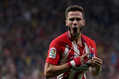 Sa&uacute;l celebra un gol en el &uacute;ltimo Atl&eacute;tico-Barelona. 