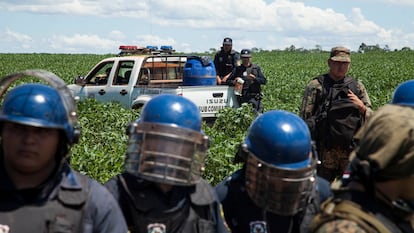 Agentes de la Policía Nacional resguardan una plantación de soja el 22 de enero de 2014 en la colonia de Crescencio González en el distrito de General Resquín, en el departamento de San Pedro (Paraguay) durante una protesta de campesinos contra el uso de agrotóxicos.