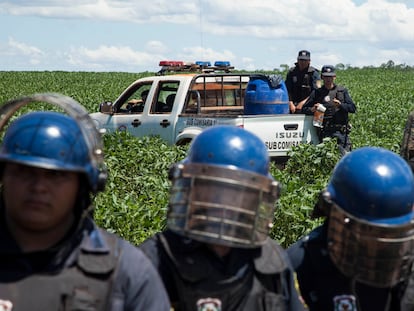 Agentes de la Policía Nacional resguardan una plantación de soja el 22 de enero de 2014 en la colonia de Crescencio González en el distrito de General Resquín, en el departamento de San Pedro (Paraguay) durante una protesta de campesinos contra el uso de agrotóxicos.