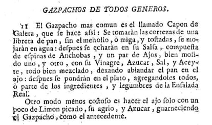 El gazpacho en 1747