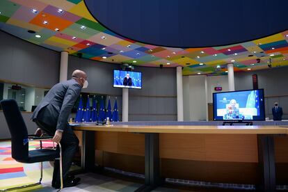 El presidente del Consejo Europeo, Charles Michel, durante una videoconferencia este jueves.