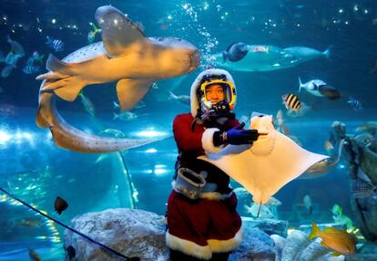 Una Papá Noel dando de comer a los peces del acuario de Tokio, Japón.