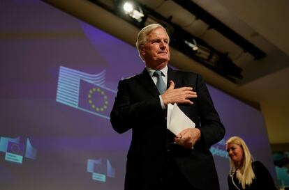 El jefe negociador de la Unión Europea para el Brexit, Michel Barnier, comunica este jueves en una rueda de prensa en Bruselas que ha llegado a un nuevo acuerdo con el Reino Unido para su salida de la Unión.