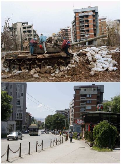 Un grupo de jóvenes sube a un carro de combate abandonado en el distrito de Kovacici, en febrero de 1996. La misma avenida ha borrado todo resto de la guerra.