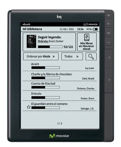 eBook bq, que vende Telefónica,  tiene una pantalla de 6 pulgadas, táctil, pesa 244 gramos, y permite leer a luz del sol y navegar por Internet. Por el momento, solo esta ñla versión wi fi, pero después del verano se lanzará también la versión 3G.