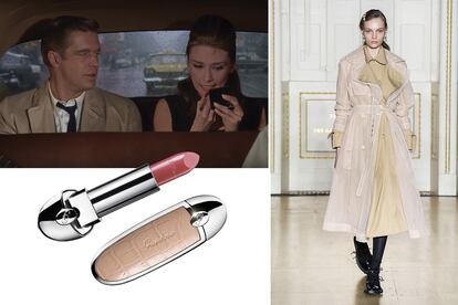 Es imposible no recordar esa escena de Audrey Hepburn bajo la lluvia con una gabardina, tan maravillosa como esta de Simone Rocha. El labial nude rosado Rouge G Nº 62  asegura una sonrisa a prueba de lluvia y la carcasa Rosy Nude, de Rouge G de Guerlain potencia ese look natural bajo control.