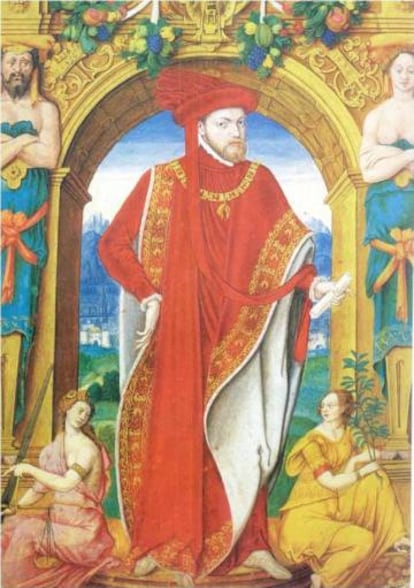 Felipe II (1527-1598) vestido con el hábito y el manto de la Orden del Toisón de Oro, incluido en el códice.