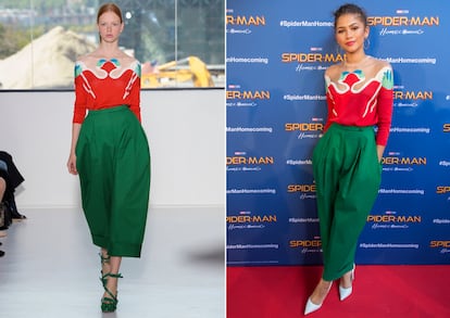 Zendaya, conocida por sus riesgos en looks y peinados, no podía renunciar a experimentar con un Delpozo. La joven actriz acertó con una de las mezclas cromáticas más saturadas y difíciles de defender: rojo y verde. Ella lo logró con nota.