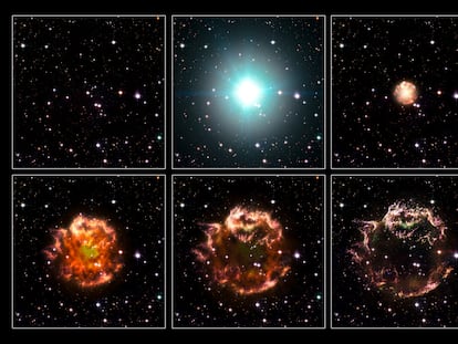 Casiopea A, con la recreación de la secuencia desde la supernova de 1680 hasta el remanente actual, formado por la nebulosa visible con los fragmentos de la estrella que explotó escindidos por el espacio.