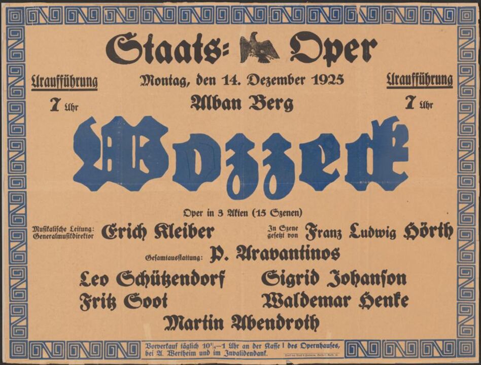 Cartel del estreno de 'Wozzeck' en la Staatsoper de Berlín el 14 de diciembre de 1925.