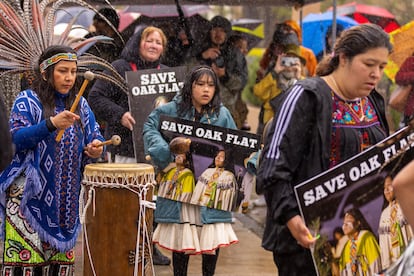 Apache Stronghold, a Native American group hoping to protect their sacred land from a Cooper mine in Arizona, gather outside the 9th Circuit Appeal Court in Pasadena, California,U.S., March 21, 2023.