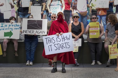 Abortion rights activist rally at the Indiana Statehouse on June 25 in Indianapolis.  