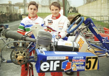 Fernando Alonso y Antonio García, en una competición de karting en 1995.