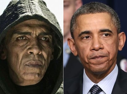 El actor que interpreta al diablo en la serie La Biblia, Mohamen Mehdi Ouazanni, y el presidente Barack Obama.