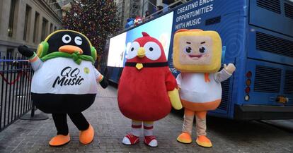 Mascotas de Tencent Music, celebrando la OPV de la empresa el mi&eacute;rcoles en la Bolsa de Nueva York.