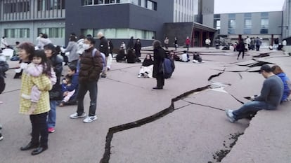 Road cracks caused by an earthquake in Wajima, Ishikawa prefecture, Japan January 1, 2024, in this photo released by Kyodo.