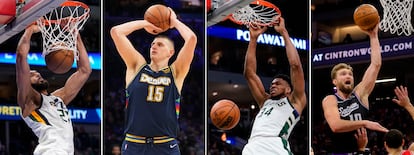 De izquierda a derecha, Gobert, Jokic, Antetokounmpo y Sabonis en distintas acciones de esta temporada.