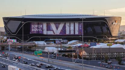 Carteles del Super Bowl LVIII en el estadio Allegiant el 30 de enero de 2024 en Las Vegas, Nevada.