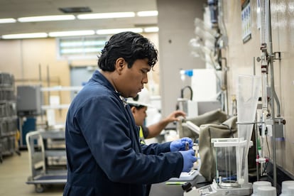 José Rodríguez observa muestras de hemoglobina en un laboratorio en  COPEG, en Panamá, el 11 de junio de 2025. 