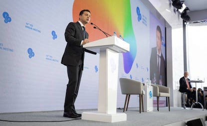 Volodímir Zelenski, durante su intervención en la cumbre anual del YES en Kiev.