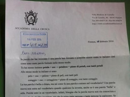 Arranque de la respuesta de la Accademia della Crusca al pequeño Matteo.