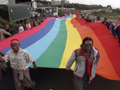 Ind&iacute;genas ecuatorianos enarbolan la bandera de su comunidad en su marcha a Quito.
