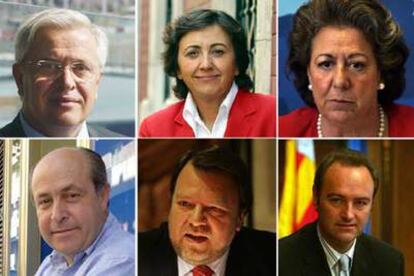 De izquierda a derecha, Joan Clos (alcalde de Barcelona), Rosa Aguilar (Córdoba) y Rita Barberá (Valencia). Debajo, José Torres Hurtado (Granada), Alfredo Sánchez Monteseirín (Sevilla) y Alberto Fabra (Castellón).