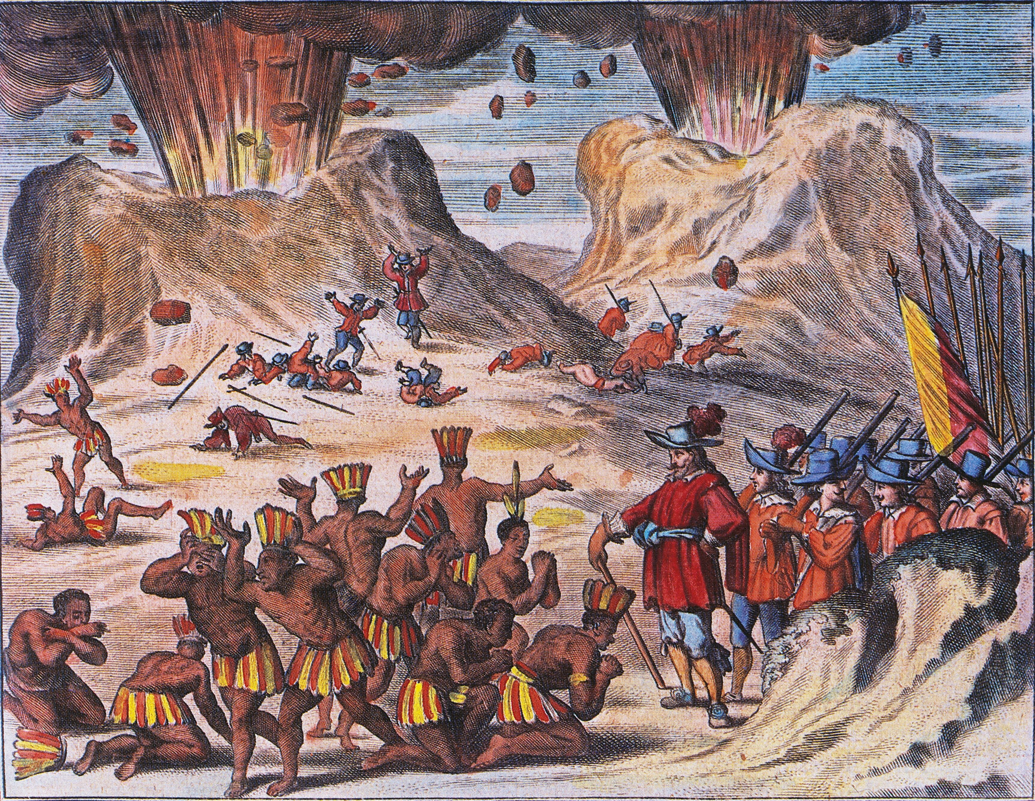 Hernán Cortés se encuentra con los tlaxcaltecas entre los volcanes Popocatépetl e Iztaccíhuatl.