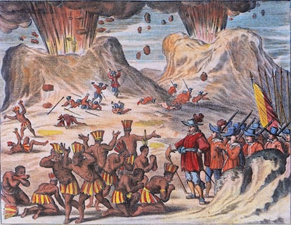 Hernán Cortés se encuentra con los tlaxcaltecas entre los volcanes Popocatépetl e Iztaccíhuatl.