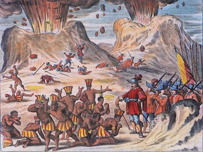 An 18th-century depiction of the clashes between Hernán Cortés‘s soldiers and Tlaxcala community.