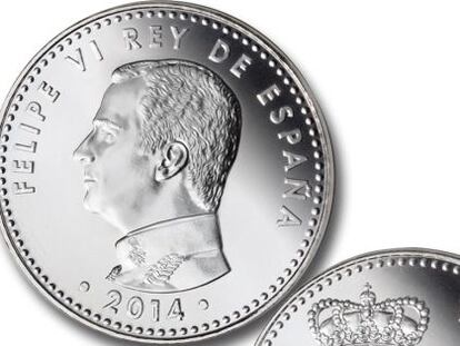 Detall de les monedes de 30 euros que la Fàbrica Nacional de la Moneda va encunyar a finals del 2014 per commemorar la proclamació de Felip VI.