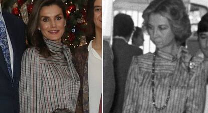 A la izquierda, la reina Letizia el pasado 5 de enero; y a la derecha, doña Sofía en 1984. 
 