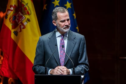 El Rey Felipe VI, durante la entrega de la XXI edición de los premios Codespa, en CaixaForum Madrid, el 1 de febrero.