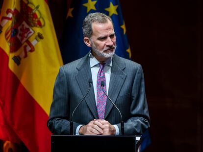 El Rey Felipe VI, durante la entrega de la XXI edición de los premios Codespa, en CaixaForum Madrid, el 1 de febrero.