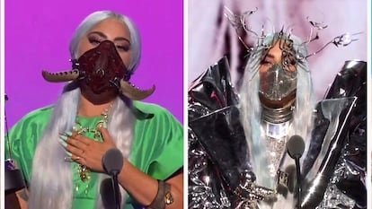 This combination photo of video grabs by MTV, issued Sunday, Aug. 30, 2020, shows Lady Gaga wearing masks during the MTV Video Music Awards. (MTV via AP)