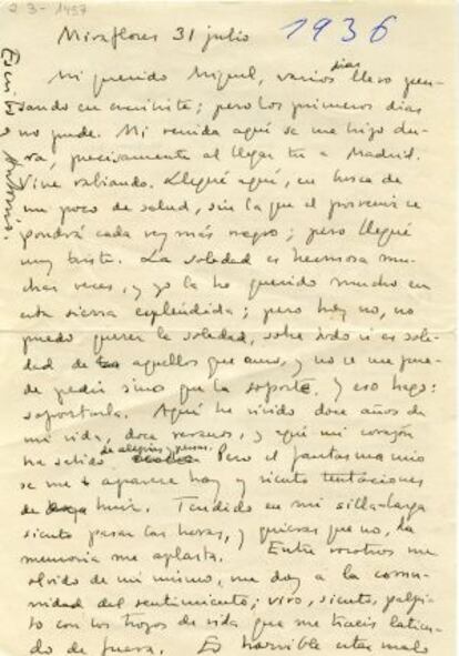 Carta remitida por Aleixandre a Miguel Hernández en julio de 1936.