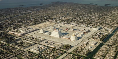 Reconstrucción digital del Recinto Sagrado que contiene el Templo Mayor, en el epicentro de la ciudad.