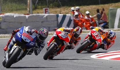 Lorenzo, Pedrosa y Marc Marquez durante la carrera.