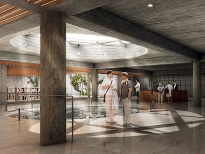 Simulación de la futura zona de recepción de público del museo San Pío V, con el rosetón de la catedral en el centro.