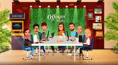 Ilustración de la web de Olloqui Studio con los miembros del equipo.