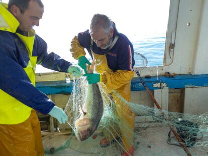 El patrón del 'Silvia i Panollet' y uno de sus marineros desenredan un pescado capturado.