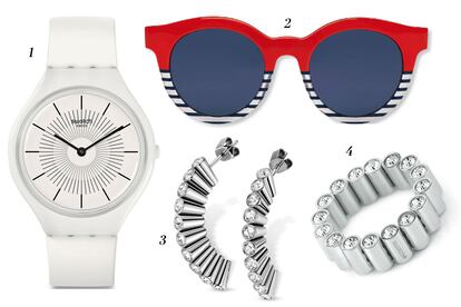 1. Reloj Skinpure 2. Gafas de sol The Eyes og Charlie 3. Pendientes Lustro 4. Anillo Lustro. Todo de Swatch